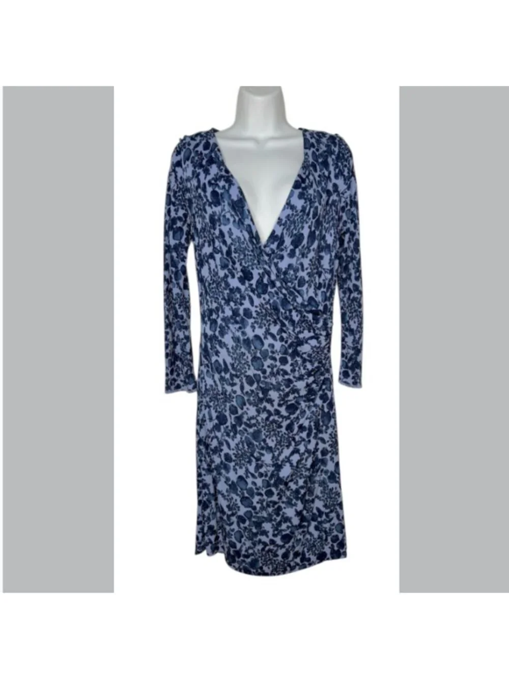 Tory Burch Michele Floral Dress Periwinkle Blue Faux Wrap Ruched V-Neck Small